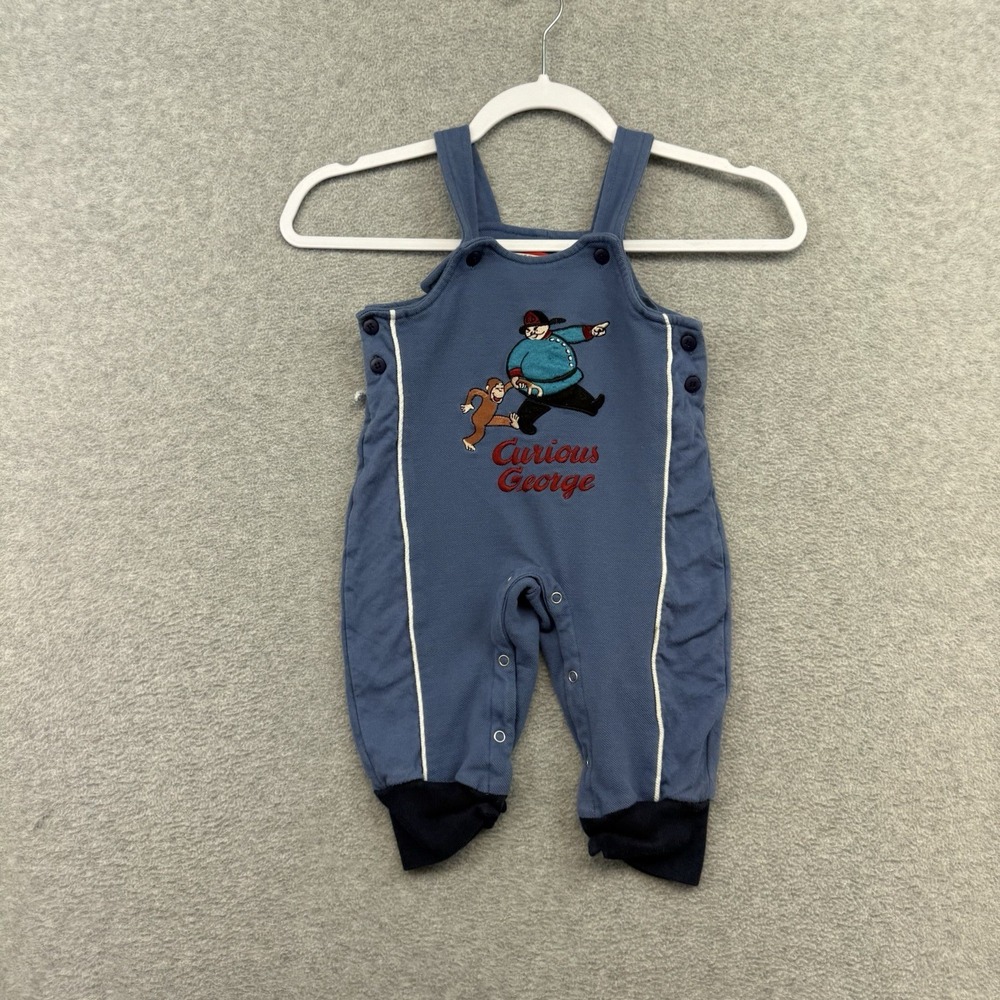 Vintage Curious George Adventures Overalls Romper 18M Blue Toddler Boy RARE Y2K